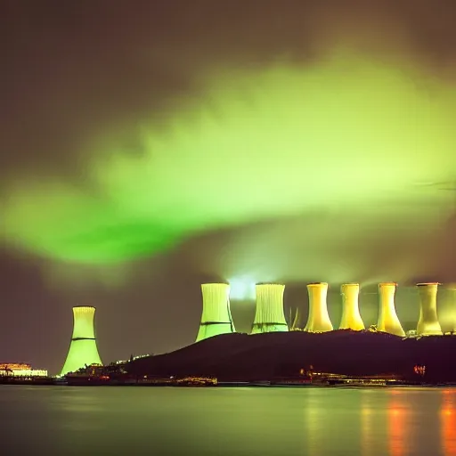 Image similar to nuclear power plant glowing green during a stormy night, award winning photography