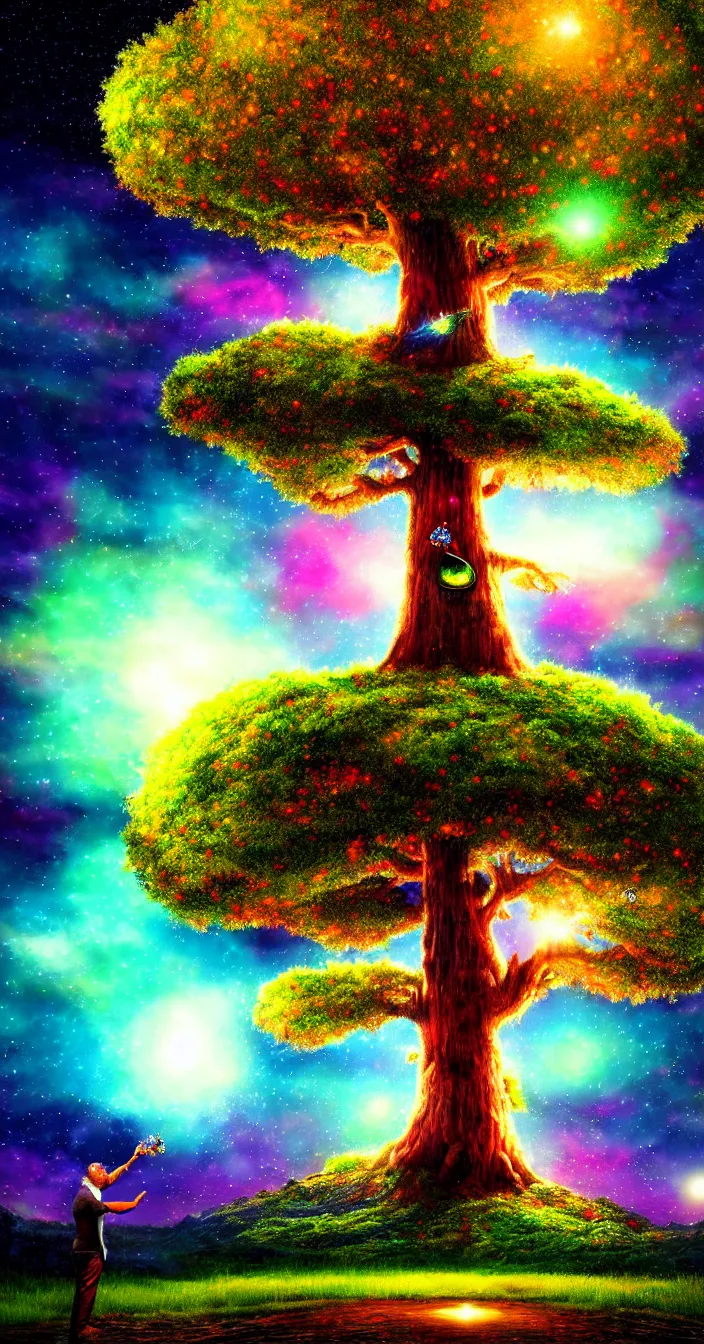 Prompt: realistic photo of big tree giving colorful diamonds as fruits, dark night background, very sharp focus, in the style of greg rutswoski, very hyper realistic, highly detailed, fantasy art station