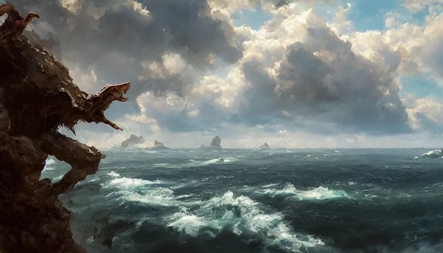 Prompt: excellent painted daemon in a wide epic beautiful landscape somewhere in the ocean with fluffy clouds, painted by Hans Fredrik Gude, Greg Rutkowksi, Craig Mullins and Artgerm, masterpiece, 4k, ultra realistic highly detailed oil painting