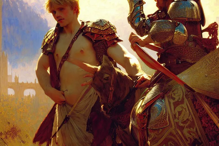 Image similar to attractive arthur pendragon and his favourite attractive male knight, they are in love, camelot, natural lighting, path traced, highly detailed, high quality, digital painting, by gaston bussiere, craig mullins, alphonse mucha j. c. leyendecker