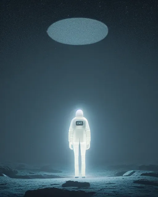 Image similar to a person standing in front of a glowy open door that's on a barren moon, poster art by mike winkelmann, trending on cg society, space art, sci - fi, ue 5, futuristic, volumetric lighting, light casting onto the ground, neat composition and camera angle