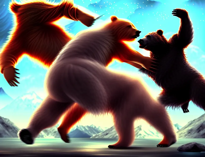 Prompt: asian male model fighting a bear, by nashimanga, anime illustration, anime key visual, beautiful anime - style digital painting by wlop, amazing wallpaper