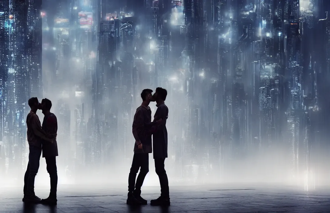 Image similar to men kissing in front of a foggy view of cyberpunk style future city, a hyper realistic professional photographic view,very beautiful scenery, very realistic painting effect, hd, hdr, cinematic 4k wallpaper, 8k, ultra detailed, high resolution,