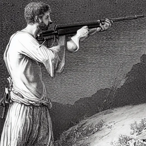 Image similar to Adam shooting the sname with an AK-47, biblical painting by Gustave Doré, black and white palette, detailed