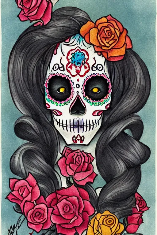 Prompt: Illustration of a sugar skull day of the dead girl, art by hiroshi yoshida