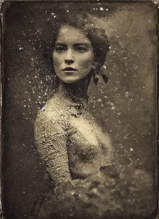 Prompt: old wetplate daguerreotype portrait of a lady with crackle skin, explosion of data fragments, fractal, intricate, elegant, highly detailed, parallax, leica, medium format, subsurface scattering, by jheronimus bosch and greg rutkowski and louis jacques mande daguerre