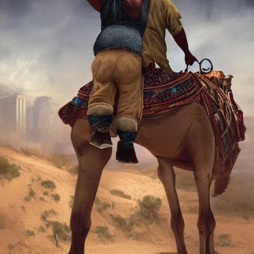 Prompt: close up of jay - z riding a camel through brooklyn new york, yankee baseball hat, fantasy, matte painting, highly detailed, artstation