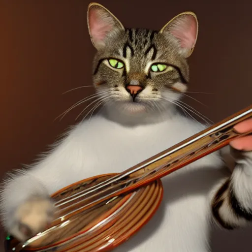 Image similar to 4 5 mm photorealistic image of a cat playing a banjo 8 k