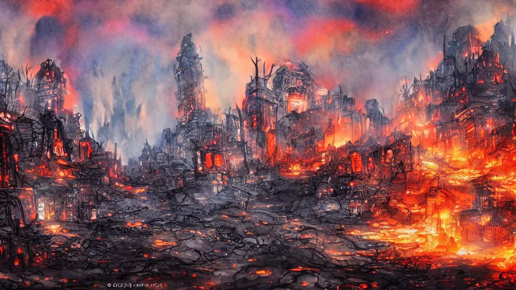 Image similar to a watercolor painting of an abandoned fiery city in hell, scary, bright, fantasy, smoke, fire, circular, digital art,