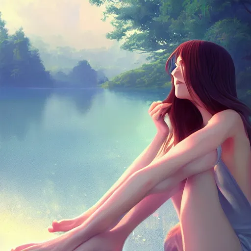 Image similar to woman sitting with her feet in a lake, beautiful and relaxing, very very very long hair, Makoto Shinkai ilya kuvshinov and Wojtek Fus