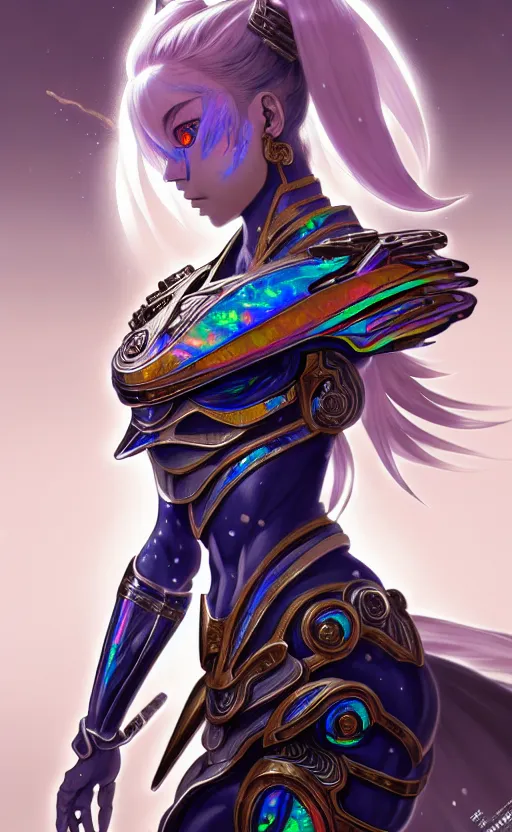 Image similar to anime iridescent opal cyborg shinobi warrior, intricate ornate details, morandi color scheme, hd, illustratio, splash art, fantasy, elegant, highly detailed, wide angle, digital painting, artstation, concept art, smooth, sharp focus, illustration, wallpaper, art by artgerm and greg rutkowski and alphonse mucha and jin xiaodi