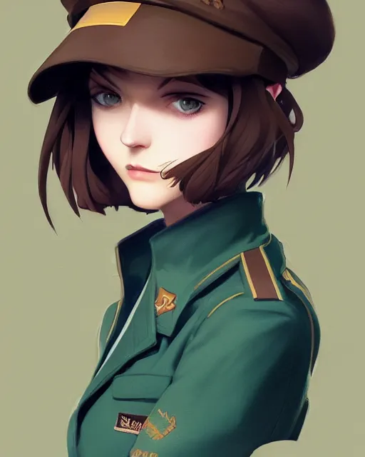 Image similar to young woman with shoulder length light brown hair and hazel eyes dressed in a sharp dark teal military uniform and beret, anime, ilya kuvshinov, greg rutkowski, guweiz, ross tran, loish, svetlana tigai, artgerm, artstation trending, concept art, digital painting