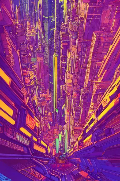 Image similar to astronaut cyberpunk surreal upside down city neon lights by moebius, Jean Giraud, trending on artstation