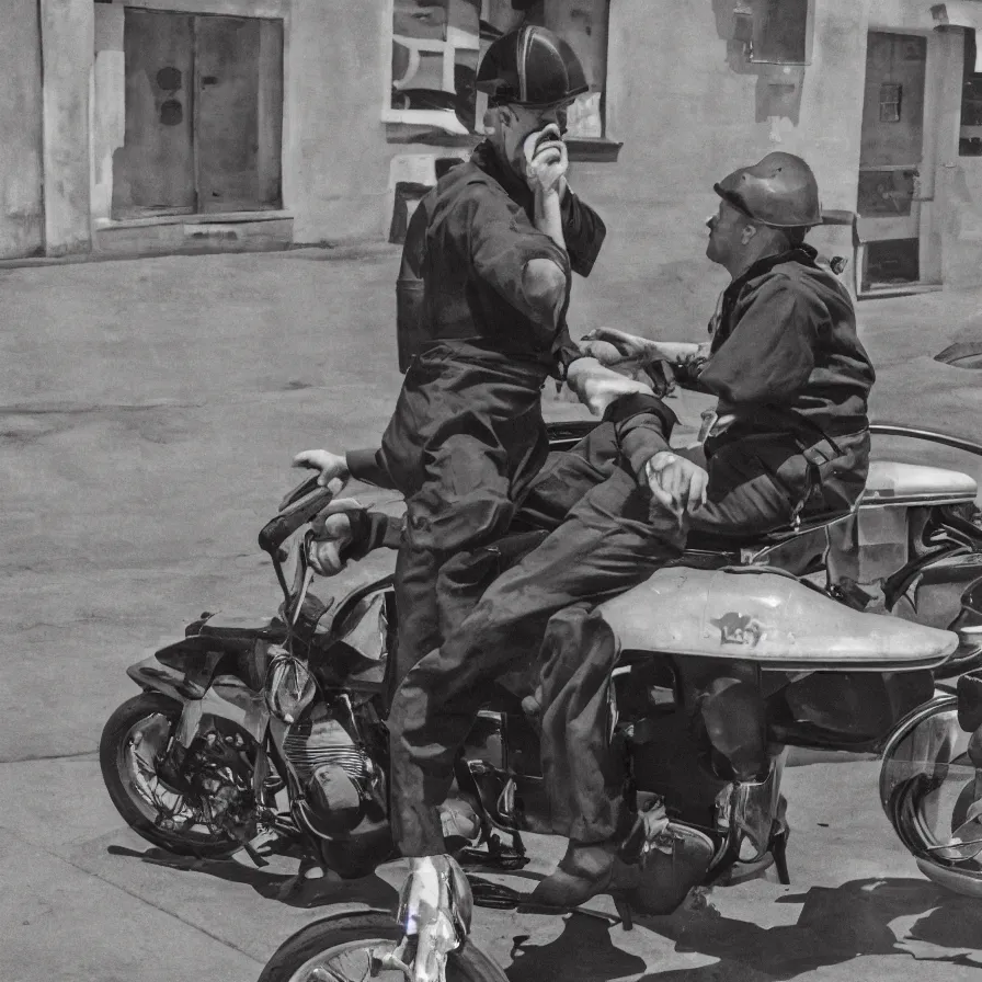 Image similar to a man in a prison jumpsuit on a motorbike, in the style of scott hoarty and edward hopper, 1 9 5 0 s, diner, romantic, cinematic, 4 k,