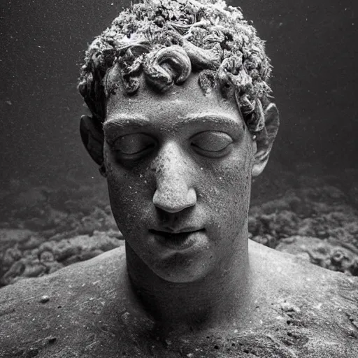 Image similar to Award-winning photograph by Mar Mann. The photo depicts a decaying roman bust of Mark Zuckerberg overgrown with moss at the bottom of the sea in the middle of ruins of civilization. Minimalism, high definition, perfect composition. Deep sea picture. Very dark. Volumetric Lighting. Fish. Darkness. Ruins