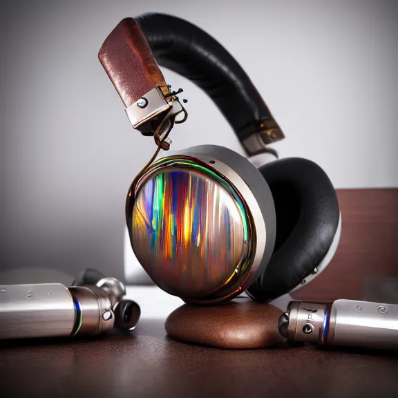 Prompt: masterpiece photo of beautiful crafted artistic titanium metal headphones, bismuth rainbow metal, bismuth cups, leather padding, displayed on mahogany desk, modernist headphones, bismuth headphones beautiful well designed, hyperrealistic, audiophile, intricate hyper detail, extreme high quality, photographic, audeze, sennheiser, hifiman, artstation, abyssal audio