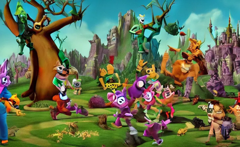 Prompt: Movie frame from the edgy Monster energy drink coloured Disney animated motion picture released in 1937, Monster energy drink Wimmelbild, a giant villain Teletubbies is murdering everyone with blood everywhere, beautiful enchanted forest full of critters, directed by Walt Disney, highly detailed background paintings by Thomas Kinkade