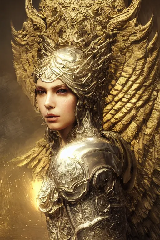 Prompt: portrait of an Angel, Dark Souls 3 themed, in style of Ruan Jia, insanely detailed and intricate, golden ratio, elegant, ornate, luxury, elite, matte painting, cinematic, cgsociety, James jean, Brian froud, ross tran, Laputa