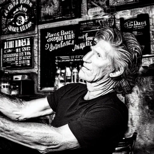 Image similar to roger waters drinks jack daniels whiskey in a old 8 0 s chicago bar, realistic, hdr, clear image, hdd, dynamic lighting,