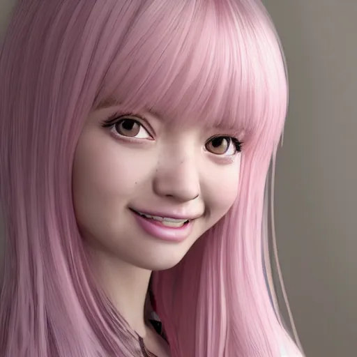 Image similar to Render of Nikki from Shining Nikki Dress-Up Game, a cute 3D young woman, long light pink hair, full bangs, full round face, hazel amber eyes, pale skin, cute freckles, light blush, Chinese heritage, smiling softly, wearing casual clothing, interior lighting, cozy home background, medium shot, mid-shot, hyperdetailed, trending on Artstation, Unreal Engine 4k