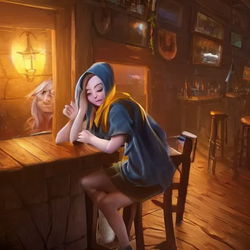 Prompt: a beautiful barmaid trying to cheer up a gloomy guy wearing a hood, sitting in a dark tavern at the corner , made by Stanley Artgerm Lau, WLOP, Rossdraws, ArtStation, CGSociety, concept art, cgsociety, octane render, trending on artstation, artstationHD, artstationHQ, unreal engine, 4k, 8k,