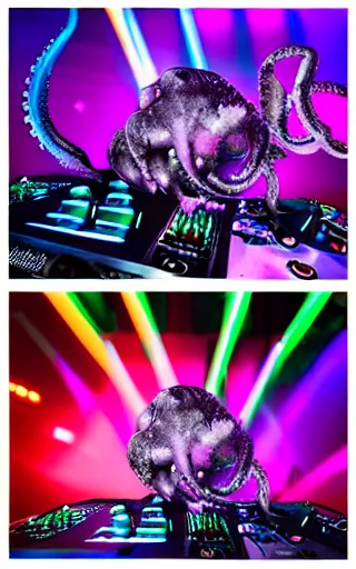 Image similar to award winning photo of an octopus! as a dj with tentacles! simultaneously placed turntables cdjs and knobs of a pioneer dj mixer. sharp, blue and fuschia colorful lighting, in front of a large crowd, studio, medium format, 8 k detail, volumetric lighting, wide angle, at an outdoor psytrance festival main stage at night