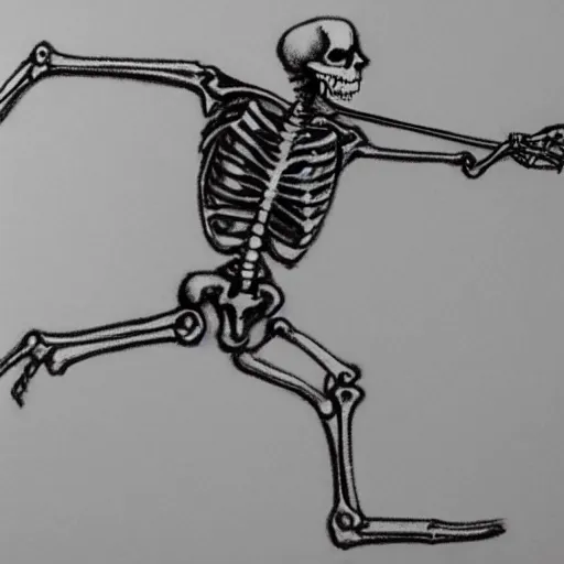 Image similar to pencil sketch of a skeleton sprinting with a cane