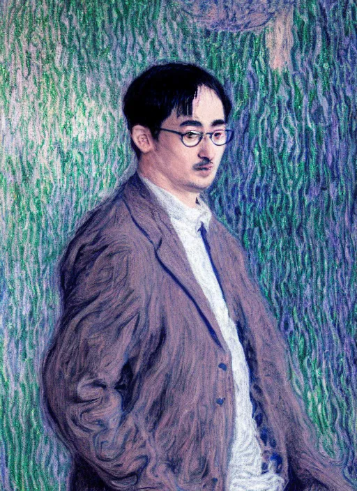 Image similar to Filthy Frank wearing blue dirty spaghetti stained dress shirt, rule of thirds, accurately portrayed, portrait art by Claude Monet, highly detailed, digital painting, concept art, illustration, imperial Japanese flag background, trending on artstation, very detailed, smooth, sharp focus, octane render, close up