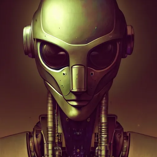 Image similar to a expressive portrait of masked diesel punk robot in dramatic lighting, depth of field background, artstation, award - winning realistic sci - fi concept art by jim burns and greg rutkowski, beksinski, a realism masterpiece, expressive color palette, james gilleard, bruegel, alphonse mucha, and yoshitaka amano