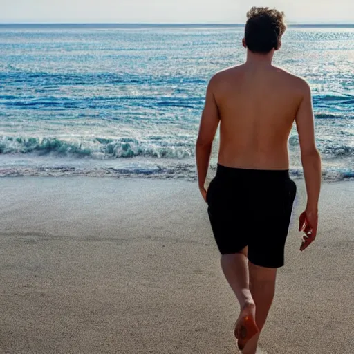 Image similar to a man walking in a sunny day in the beach with black shorts, realistic