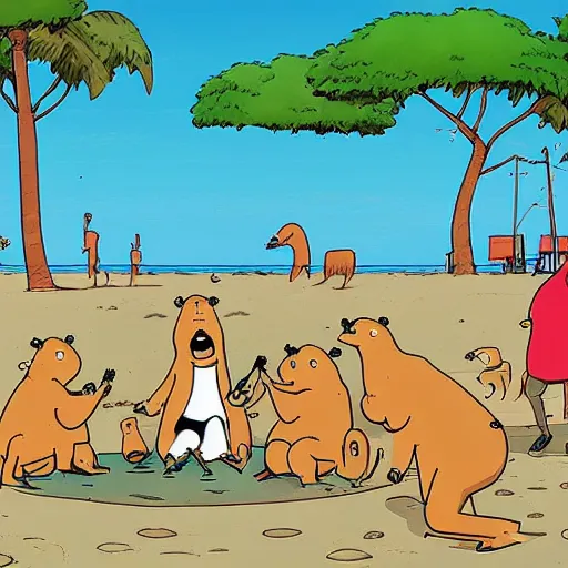 Prompt: capybaras having fun at the beach by bored ape yacht club and matt groening and bojack horseman