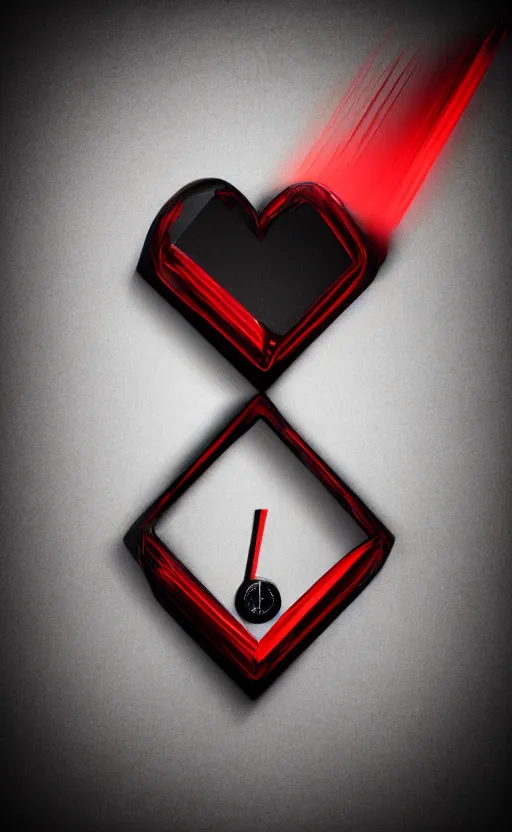 Image similar to a melting Roman numeral clock, behind a red and black gradient background, awith a black heart shaped on the top left corner and a black diamond card shape in the bottom right corner, dynamic lighting, photorealistic fantasy concept art, trending on art station, stunning visuals, cinematic, creative, ultra detailed