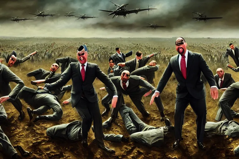 Image similar to one Comedian in suit and tie performing in a battle-field with dead bodies on the ground, detailed face, comedian is funny, performing to dead soldiers, nuclear bomb in far horizon, apocalypse, trending on artstation, artstationHD, hyperdetailed matte painting, highly detailed, digital painting, hyper-realistic, realistic, photo-realistic