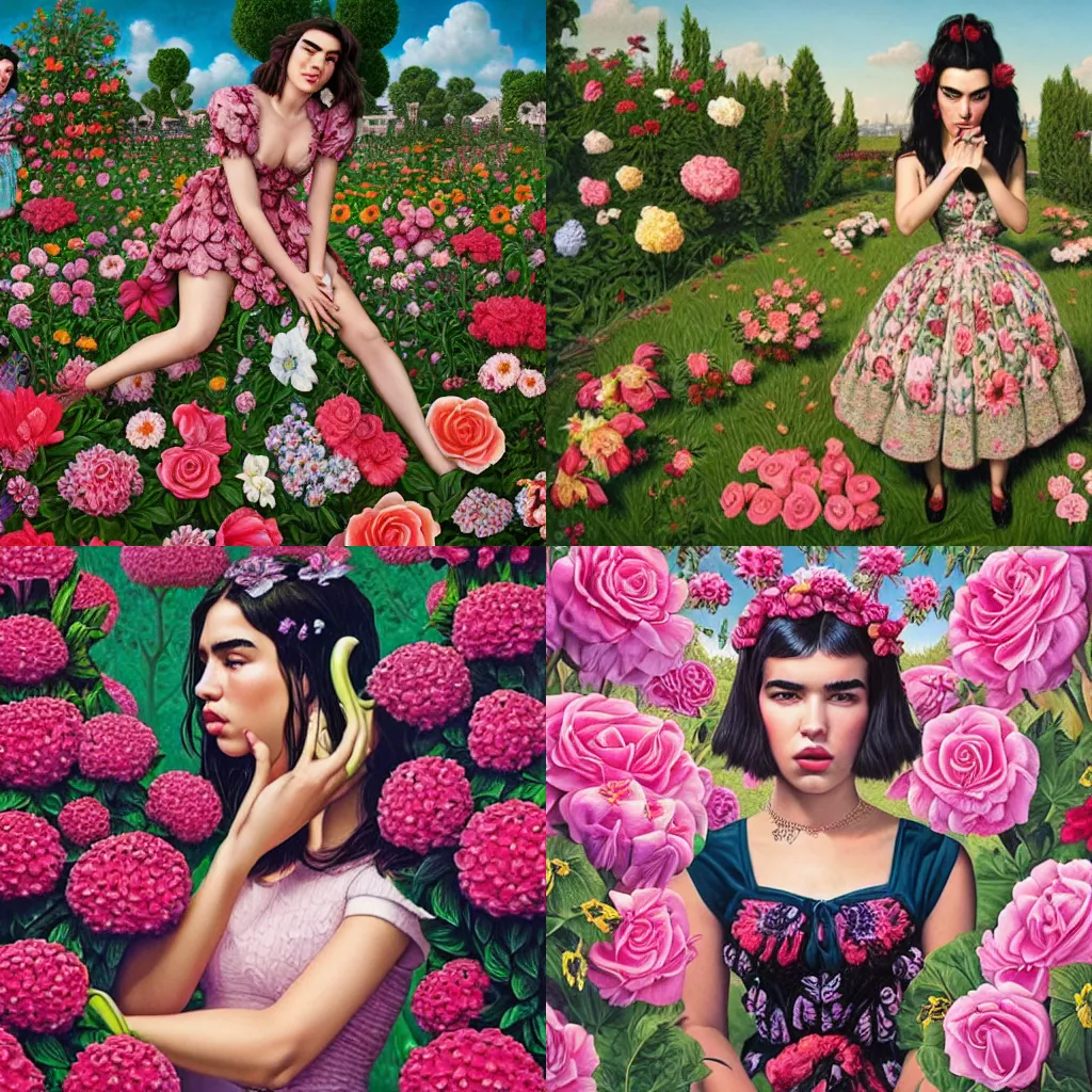 Prompt: dua lipa in the flower garden by Mark Ryden and Alex Gross, Todd Schorr highly detailed