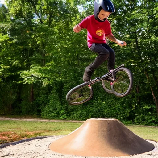 Prompt: kid jumping his bmx over a fire pit