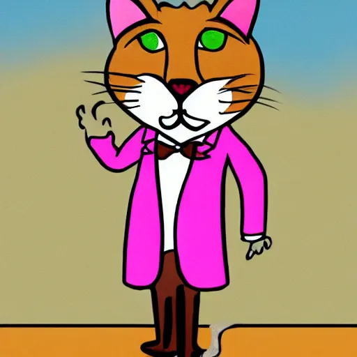 Prompt: in the style of elysecastro, cartoon anthropomorphic cat, male, waring a pink tux, brown furr