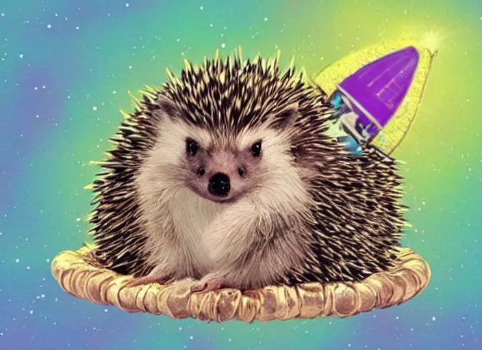 Prompt: a still from a 9 0 s cartioon, of a hedgehog wearing a crown inside a scifi spaceship