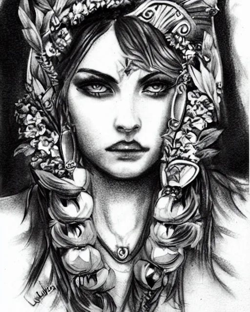 Prompt: tattoo sketch of beautiful model as aphrodite greek goddess wearing a laurel wreath and arrowhead earrings, hyper - realistic, beautiful piercing eyes, small and sharp pupils, sexy look, in the style of tony santos, amazing detail, fantasy, elegant, smooth, sharp