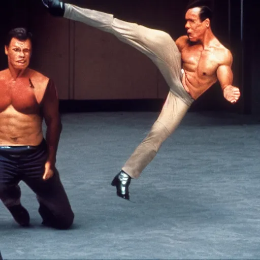 Prompt: jean - claude van damme kicking steven seagall in the face, still from an action movie, 4 k