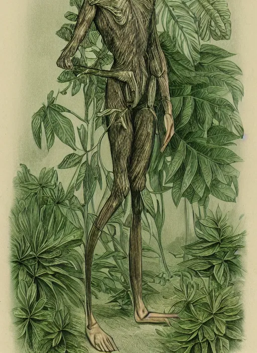 Prompt: fantasy scientific botanical illustration of a green tall plant walking around with human legs