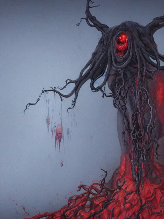 Image similar to wayne barlowe painting of a flying sorrowful looking severed human head with tears running down it's eyes, face that is chalk white in color, with long white tentacles stemming from it's neck, fiery scorching red eyes, background sprawling terrifying hellish cave with lava flowing through it's walls, 4 k