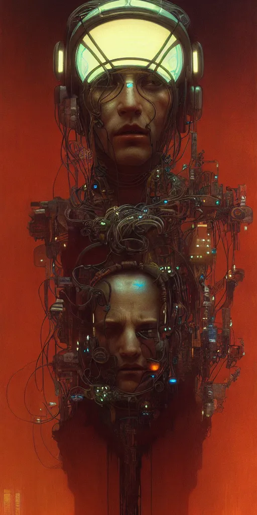 Prompt: ultra detailed, realistic cyberpunk portrait of one character, sci fi, cybernetic, wires, ar nouveau, by alfons maria mucha and zdzisław beksinski, dark mood, high detailed, 4 k, hd, high quality