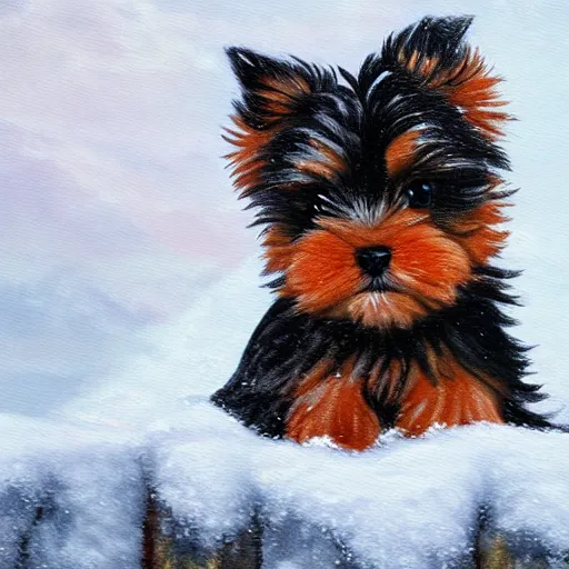 Image similar to cute fluffy yorkshire terrier puppy sitting in snowy winter landscape detailed painting 4 k