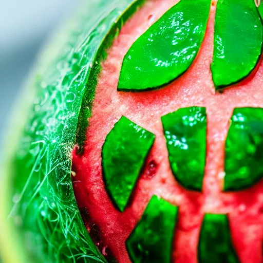 Image similar to close - up shot of a watermelon drenched in green slime, macro lens, depth of field