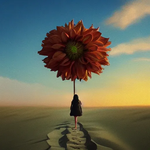 Image similar to closeup giant dahlia flower head, girl walking between dunes, surreal photography, sunrise, blue sky, dramatic light, impressionist painting, digital painting, artstation, simon stalenhag