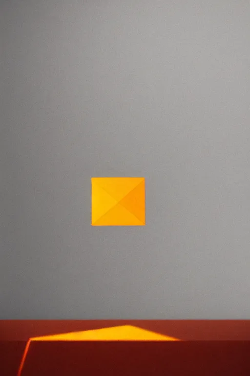 Image similar to a giant cubic orange and yellow crystal on a white table near a window at sunset, hyperrealistic, highly detailed, high qualit, 8K, godrays, warm lighting, path traced, high coherence, calm, macro photo, symmetrical, photorealistic, low contrast, serene landscape, beautiful, geometric