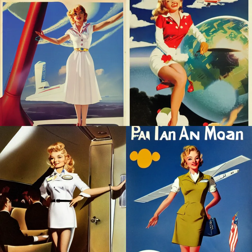 Prompt: Tuesday Weld as a stewardess on Pan Am flight to the Moon, concept art by Gil Elvgren and Chester Bonesteel