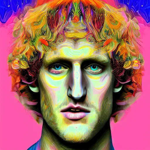 Image similar to an extremely psychedelic portrait of logan paul, lsd, face, detailed, intricate, elegant, lithe, highly detailed, digital painting, artstation, concept art, smooth, sharp focus, illustration