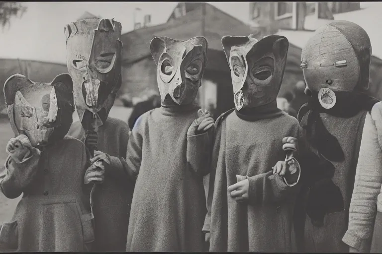 Image similar to vintage photo of villagers wearing weird masks by hilla becher, eerie, bizarre, highly detailed shot, dramatic 8 k uhd