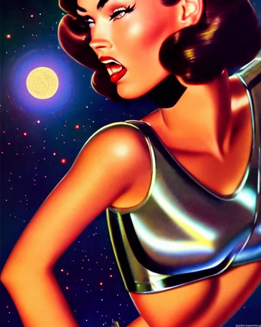 Image similar to closeup beautiful retro space megan fox varga girl, posing with a chrome robot in diesel punk city at night, windblown dark hair, seductive, hyper detailed, digital art, smooth, sharp focus, gil elvgren, anna dittmann alberto vargas, 1 9 5 0, when mars attacks